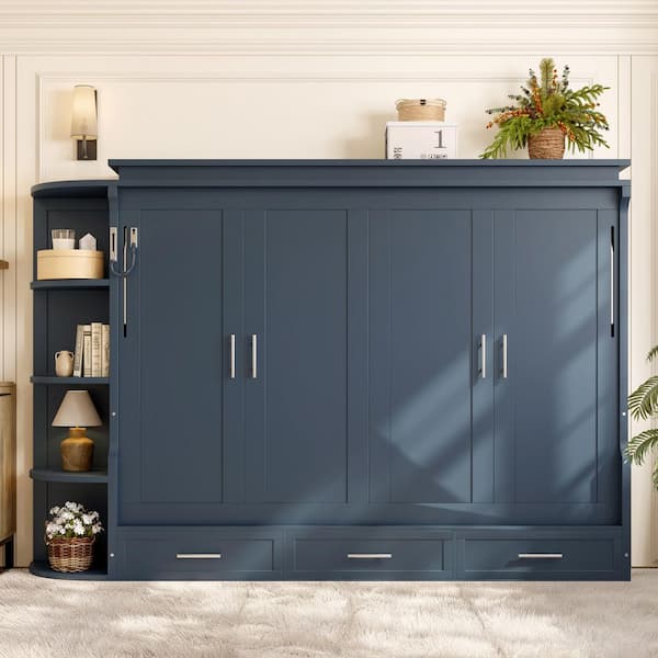Hedvig Blue Wood Frame Full Size Murphy Bed with Shelf, Side Cabinets and 3 Drawers