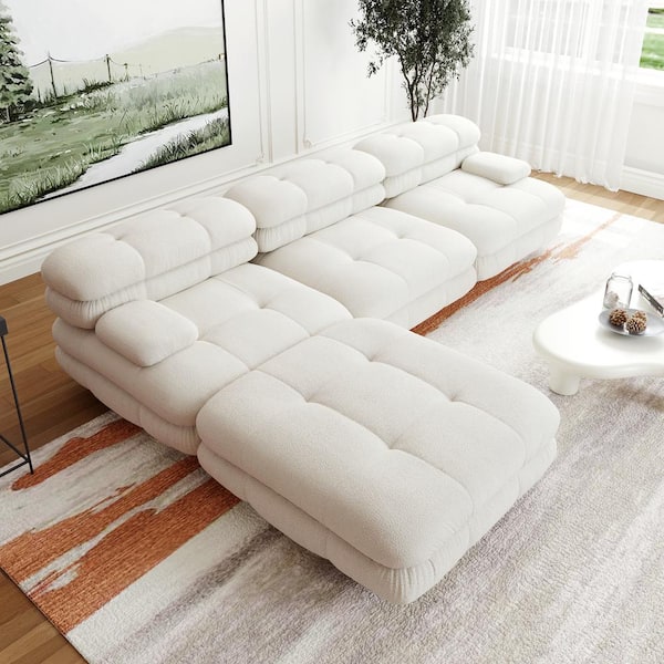 Magic Home Vintage 109 in. Square Arm 4-Piece Velvet Curved Soriana Sectional Sofa with Ottoman in Beige