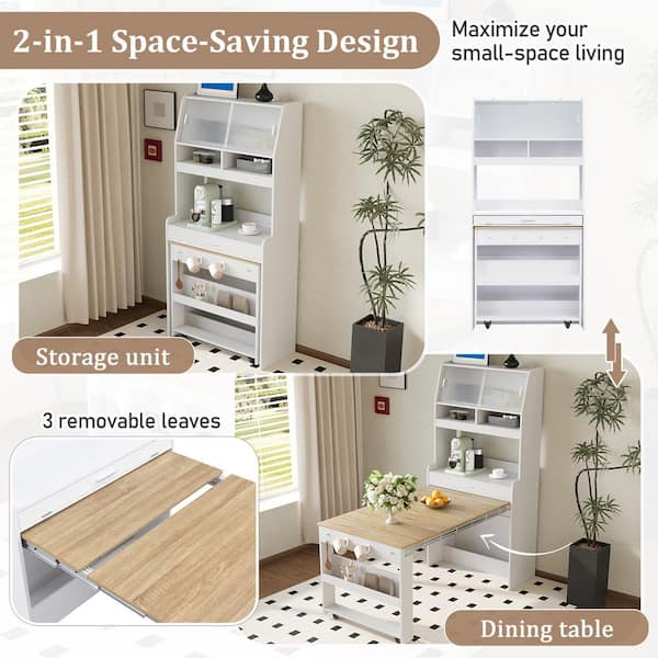 Polibi Natural/White Wood 66.1 in. Buffet with Hutch and Foldable