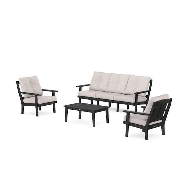 POLYWOOD Mission 4-Pcs Plastic Patio Conversation Set with Sofa in Black/Dune Burlap Cushions