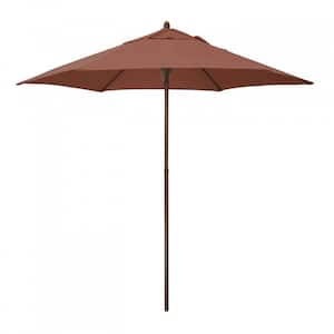9 ft. Wood-Grain Steel Push Lift Market Patio Umbrella in Polyester Brick Fabric