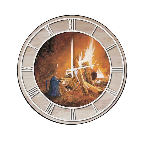 Unbranded "Evening Campfire" Woodgrain Accent and White Numbers Imaged Wall Clock