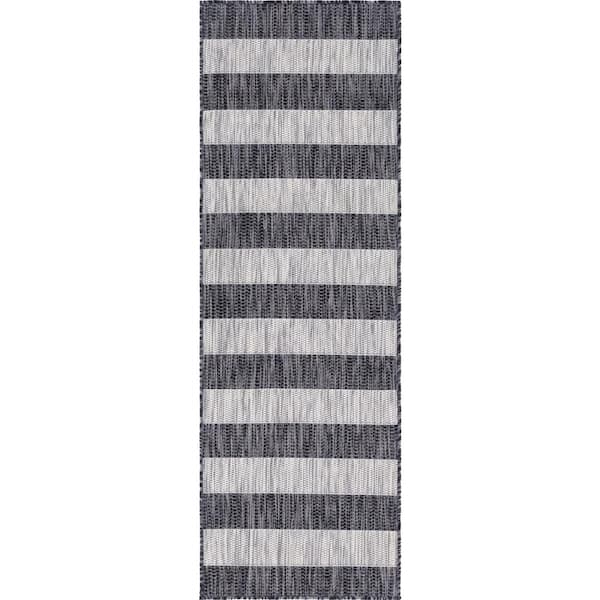 Unique Loom Outdoor Distressed Stripe Gray 2 ft. x 6 ft. Runner Rug