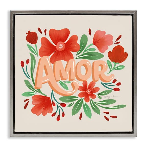 Stupell Industries Amor with Red Flowers by Gia Graham Gray Floater Frame Nature Graphic Art Print 25 in. x 25 in.