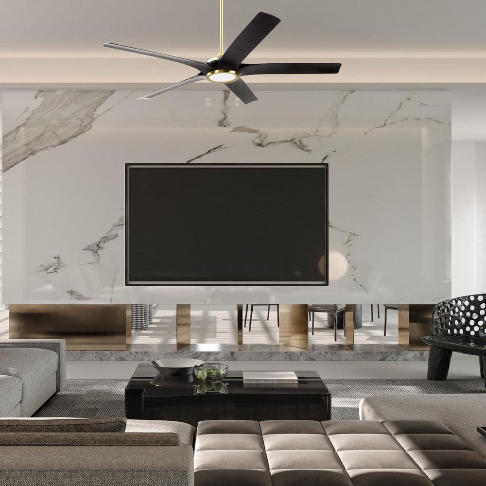 65 in. Satin Brass Finish Flat Black Blades Angled Mount Standard Ceiling Fan w/ Integrated LED & Wall Control Included