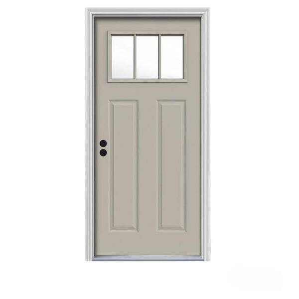 JELD-WEN 30 in. x 80 in. 3 Lite Craftsman Desert Sand Painted Steel Prehung Right-Hand Inswing Front Door w/Brickmould