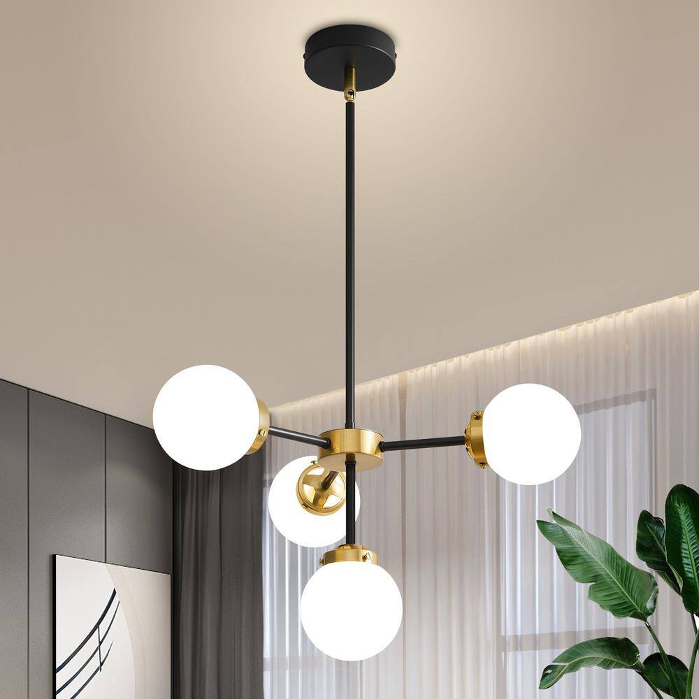 Black and Gold 4-Light Sputnik Chandelier with Milk Glass Shades