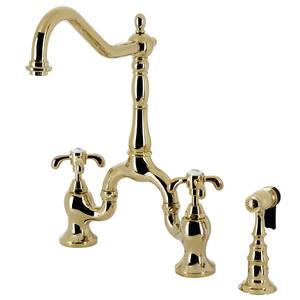 French Country Double-Handle Deck Mount Gooseneck Bridge Kitchen Faucet with Brass Sprayer in Polished Brass