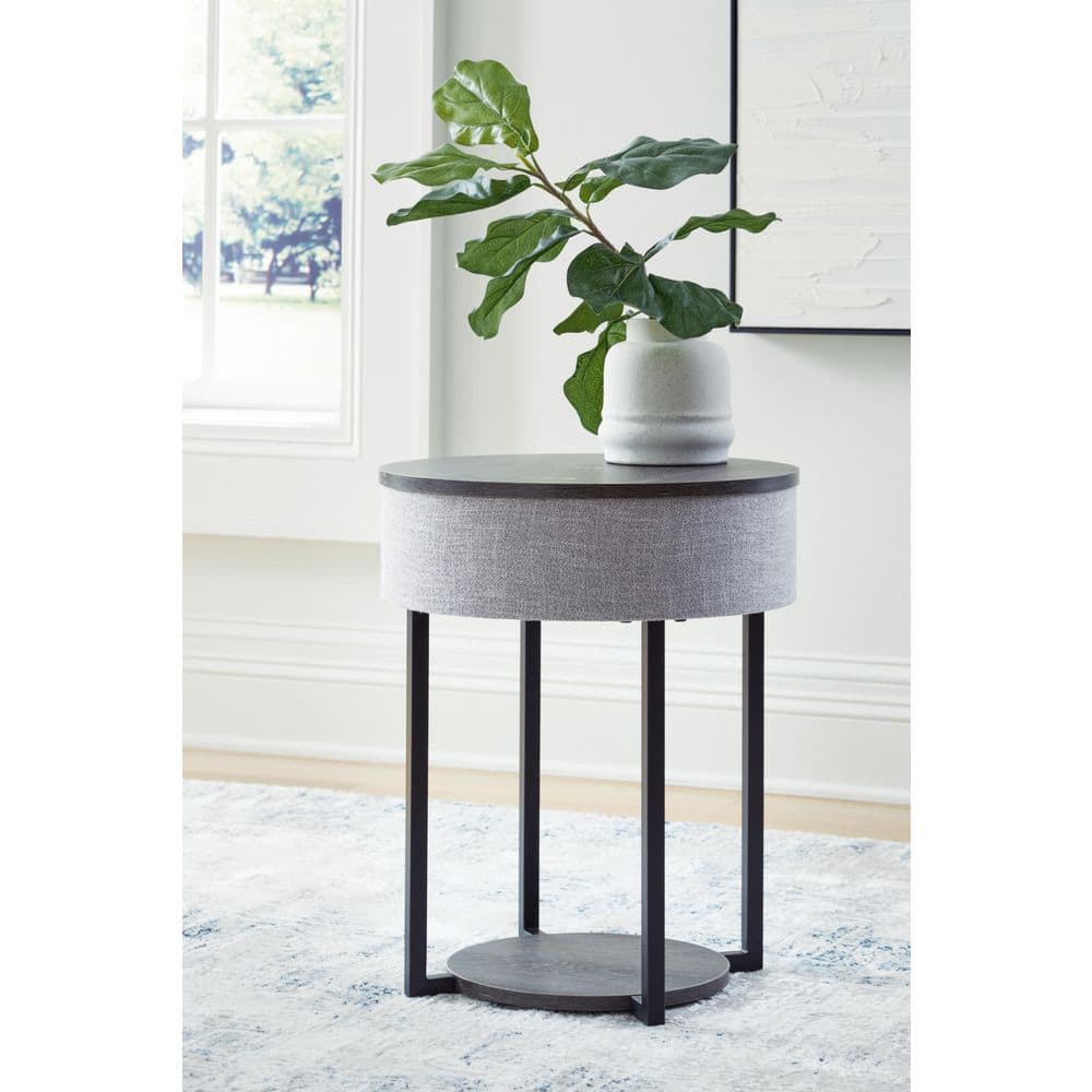 Gray and Black Round Wood and Metal Accent Table with Built-in Speakers