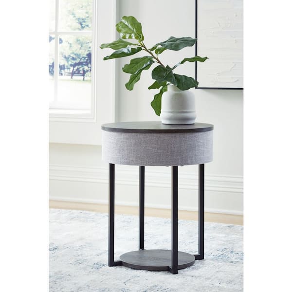 Sethlen 18 in. Gray Round Wood End Table with Pedestal Base and Shelves and Storage and Finished