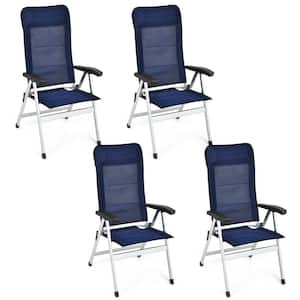 4-Pieces Folding Metal Outdoor Dining Chairs with Reclining Backrest and Headrest in Navy