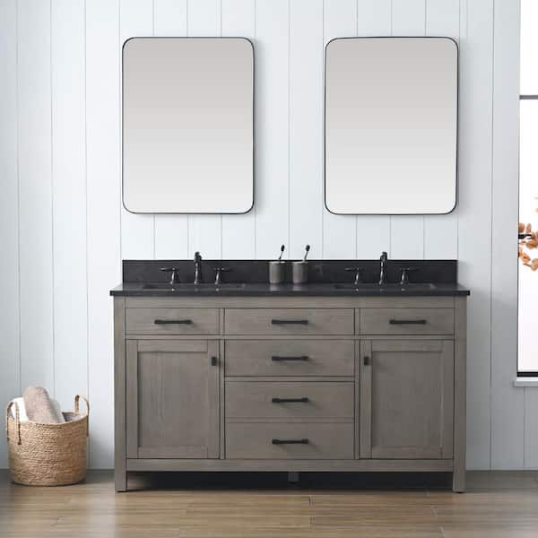 SUDIO Jasper 60 in. W x 22 in. D x 34 in. H Bath Vanity in Textured Gray with Blue Limestone Top with White Sinks