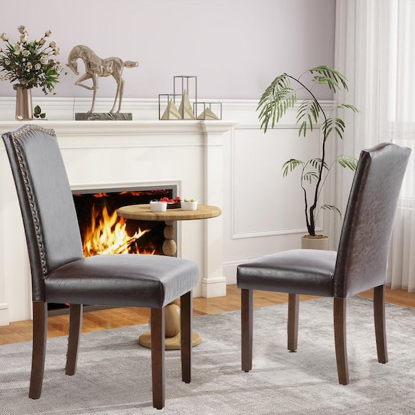 WONDER COMFORT Dark Brown Leather Dining Chair Set of 2, Upholstered Side Chairs with Nailhead Trim and Wood Legs for Dining Room