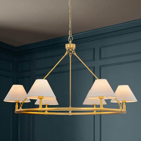 Jamii 6-Light Modern Farmhouse Brushed Gold Wagon Wheel Chandelier with Fabric Shade