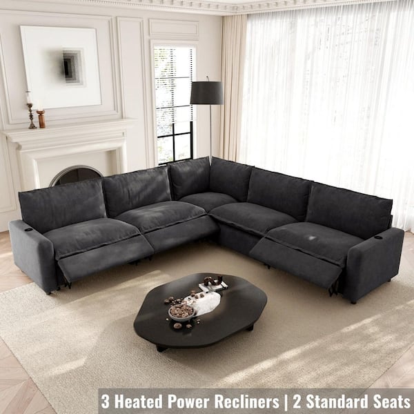 Power Recliner 107 in. Square Arm Linen 5-Pieces L-Shape Modular Sectional Sofa with Heat, USB and Type-C Ports in. Gray