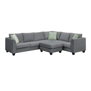 112 in. L-Shaped Polyester Sectional Sofa in. Gray with Ottoman