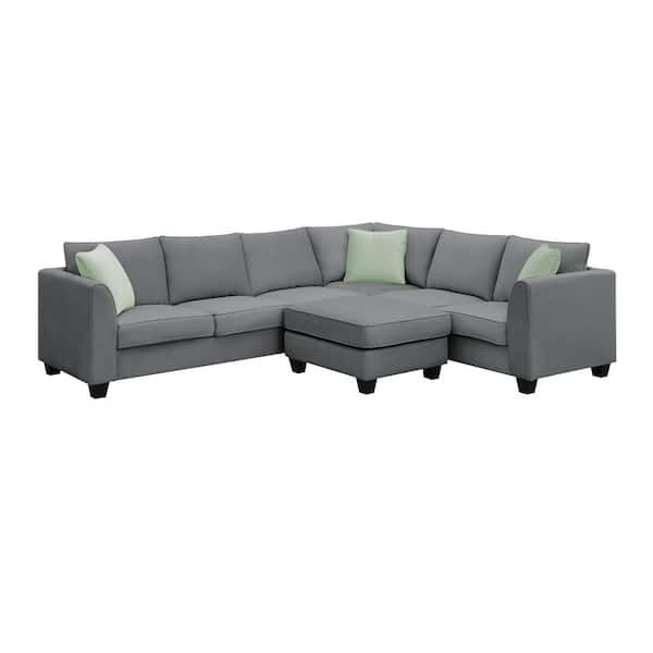 sumyeg 112 in. L-Shaped Polyester Sectional Sofa in. Gray with Ottoman