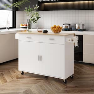 White Wood 49.6 in. W Kitchen Island Dining Bar Cart With Door Cabinet, Drawers, Casters, Swivel Storage Shelves, Handle