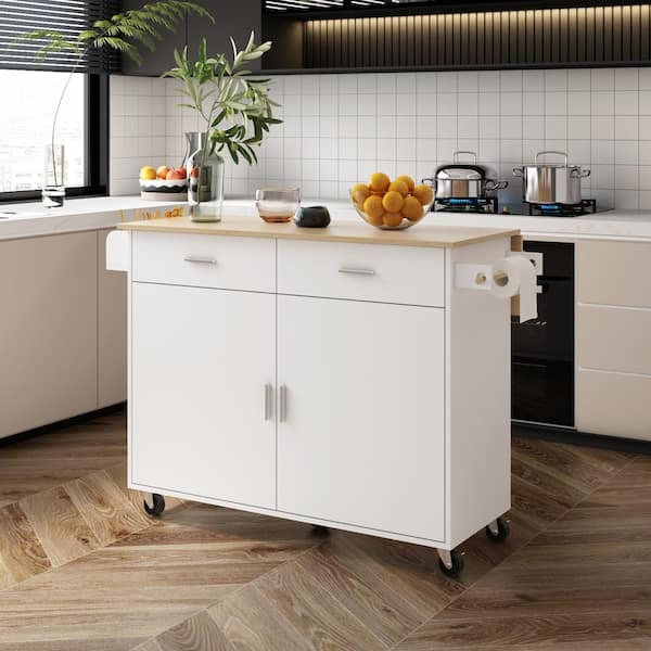 FUFU&GAGA White Wood 49.6 in. W Kitchen Island Dining Bar Cart With Door Cabinet, Drawers, Casters, Swivel Storage Shelves, Handle