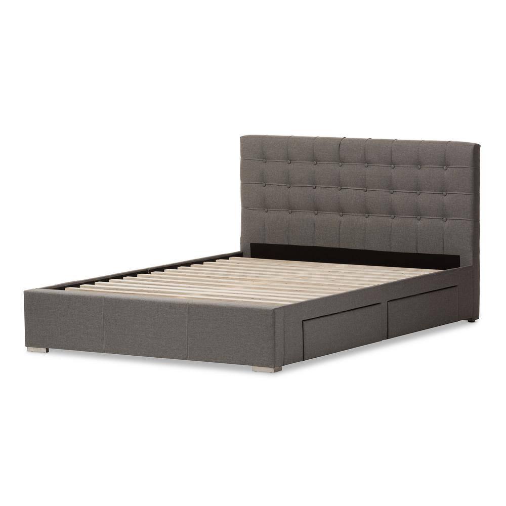 Modern King-Sized Grey Tufted Upholstered Bed with 4-Drawer Storage