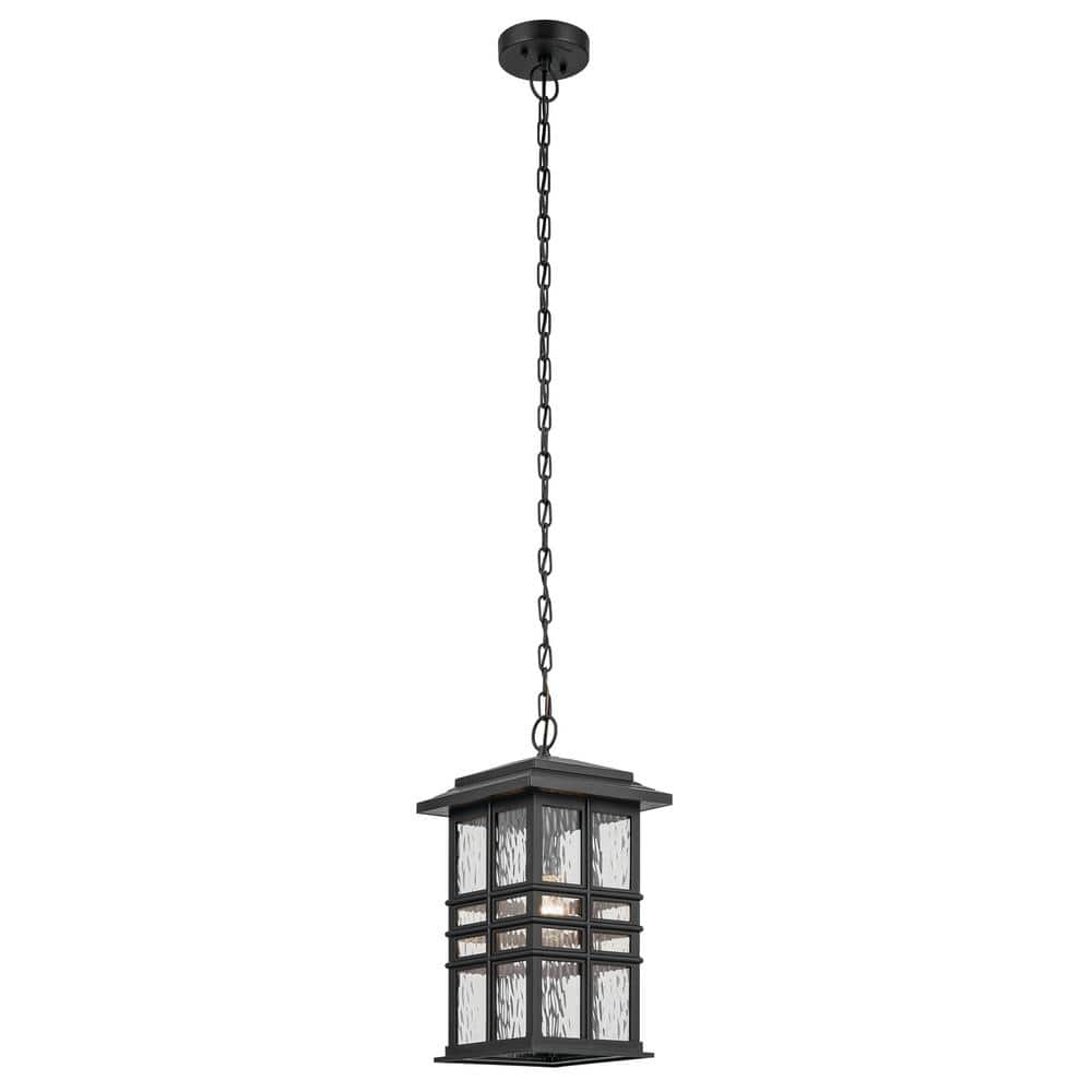 KICHLER Beacon Square 18 in. 1-Light Textured Black Outdoor Porch Hanging Pendant Light with Clear Hammered Glass (1-Pack)