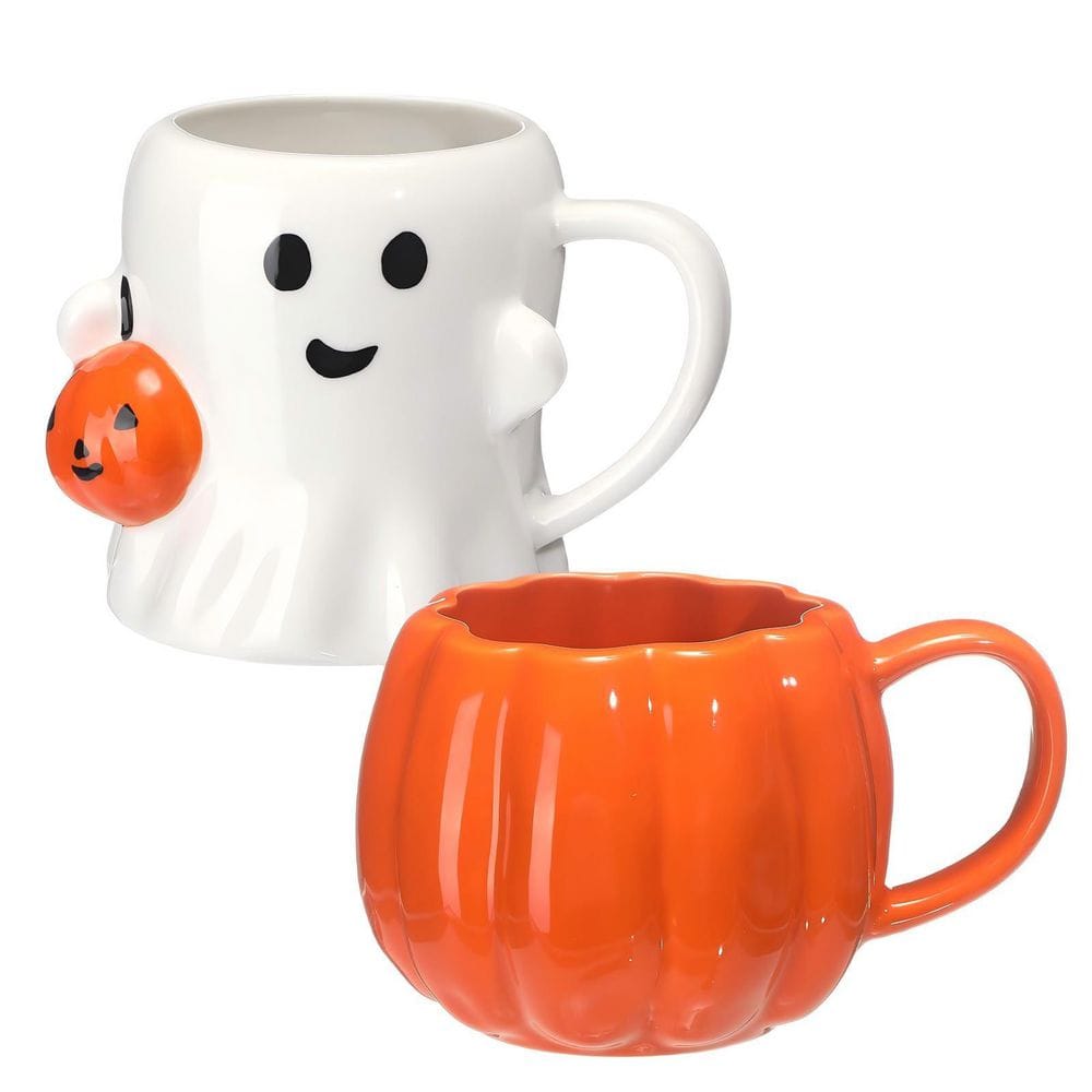 Wudkey 14 oz. Ceramic Happy Ghost Pumpkin Pattern Mugs, Espresso/Cappuccino Cups for Hot Chocolate Milk Tea Coffee (Set of 2)