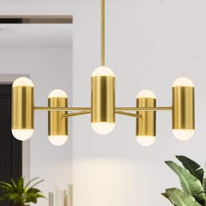 Cobina 5-Light Modern Brushed Brass Round Sputnik Pendant Dimmable Integrated LED Drum Chandelier for Living Room