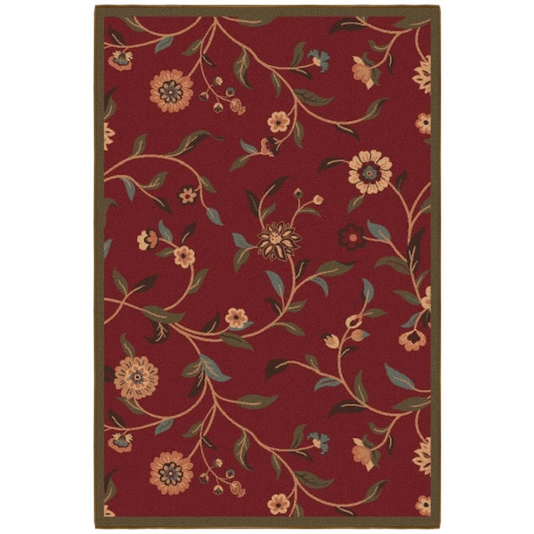 Ottohome Collection Non-Slip Rubberback Floral Leaves 3x5 Indoor Area Rug, 3 ft. 3 in. x 5 ft., Dark Red