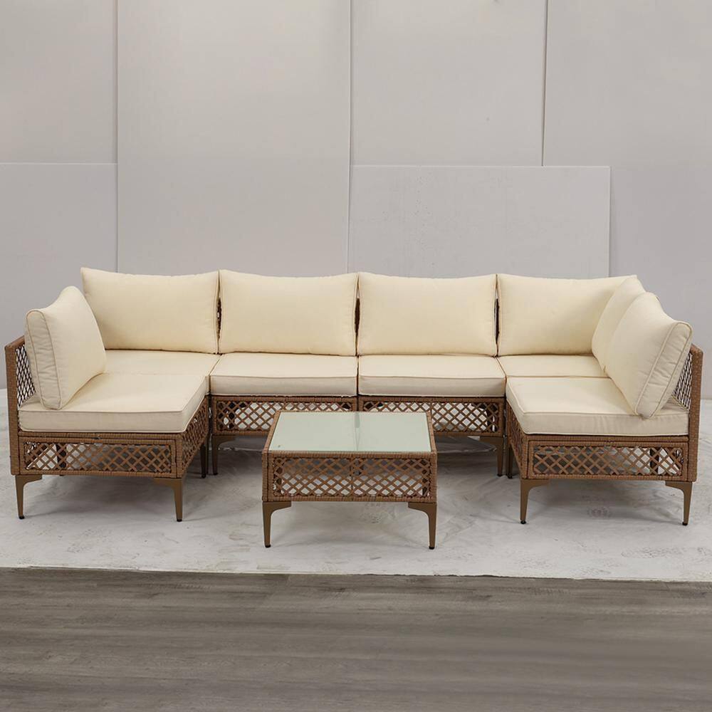 7-Piece Yellow Wicker Patio Conversation Set with Beige Cushions for Backyard price history on PriceWatchPro