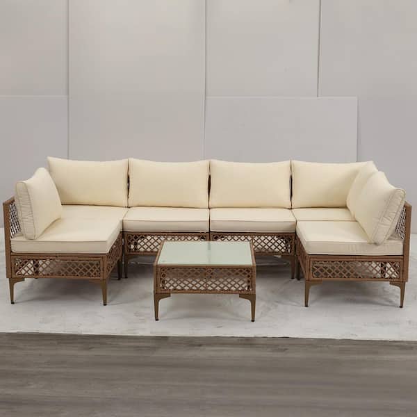 7-Piece Yellow Wicker Patio Conversation Set with Beige Cushions for Backyard