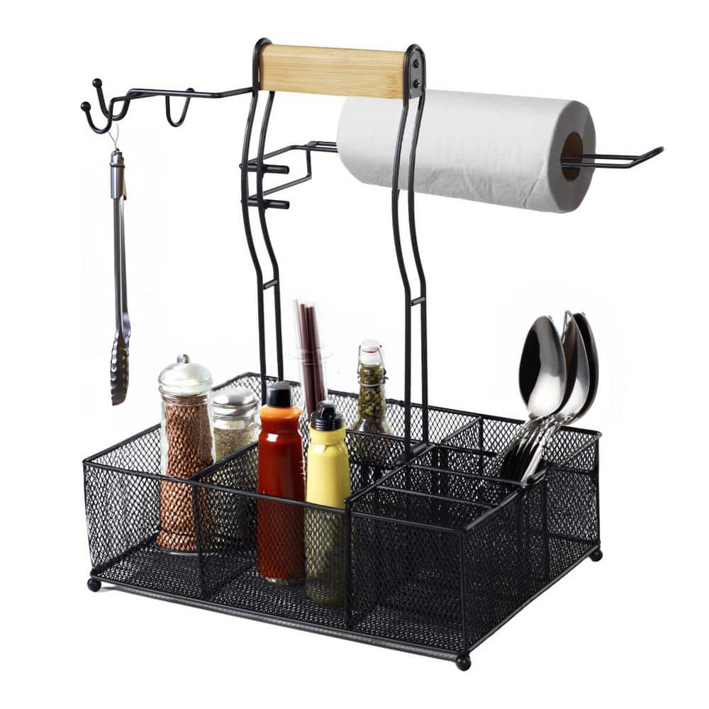 Black Steel Mesh Grill Caddy with Wooden Handle
