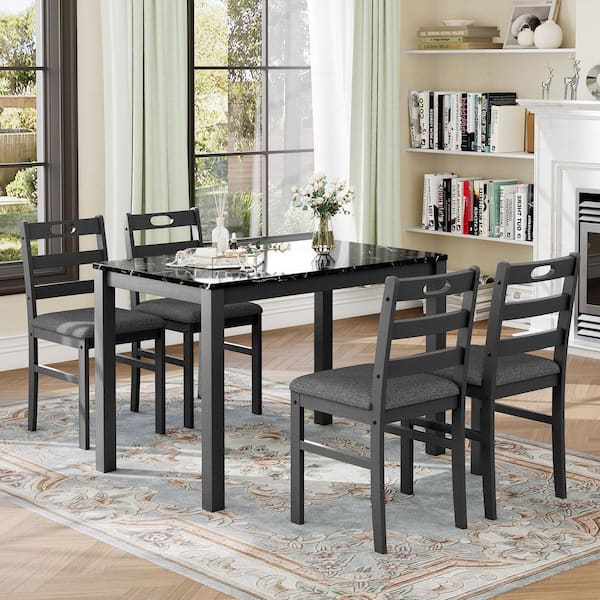 5-Piece Rectangular Veined Black Faux Marble Top Gray Frame Dining Table Set with Thick Fabric Cushion Chairs Seats-4