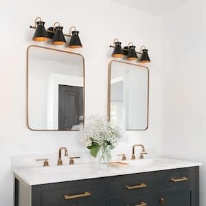 23 in. 3-Light Polished Brass Wall Sconce, Modern Black Vanity Light for Bathrooms, Farmhouse Bath Lighting for Mirrors
