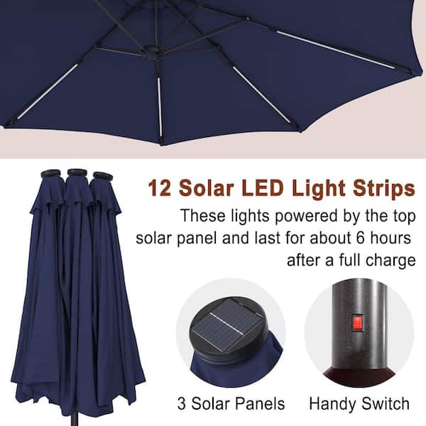 15 ft. Patio Solar Market Umbrella Double-Sided Outdoor Umbrella with Base and Detachable Light Strip in Navy Blue