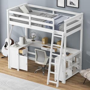 White Twin Size Wood Loft Bed with U-Shaped Desk, Cabinet, Shelves and 2-Drawers