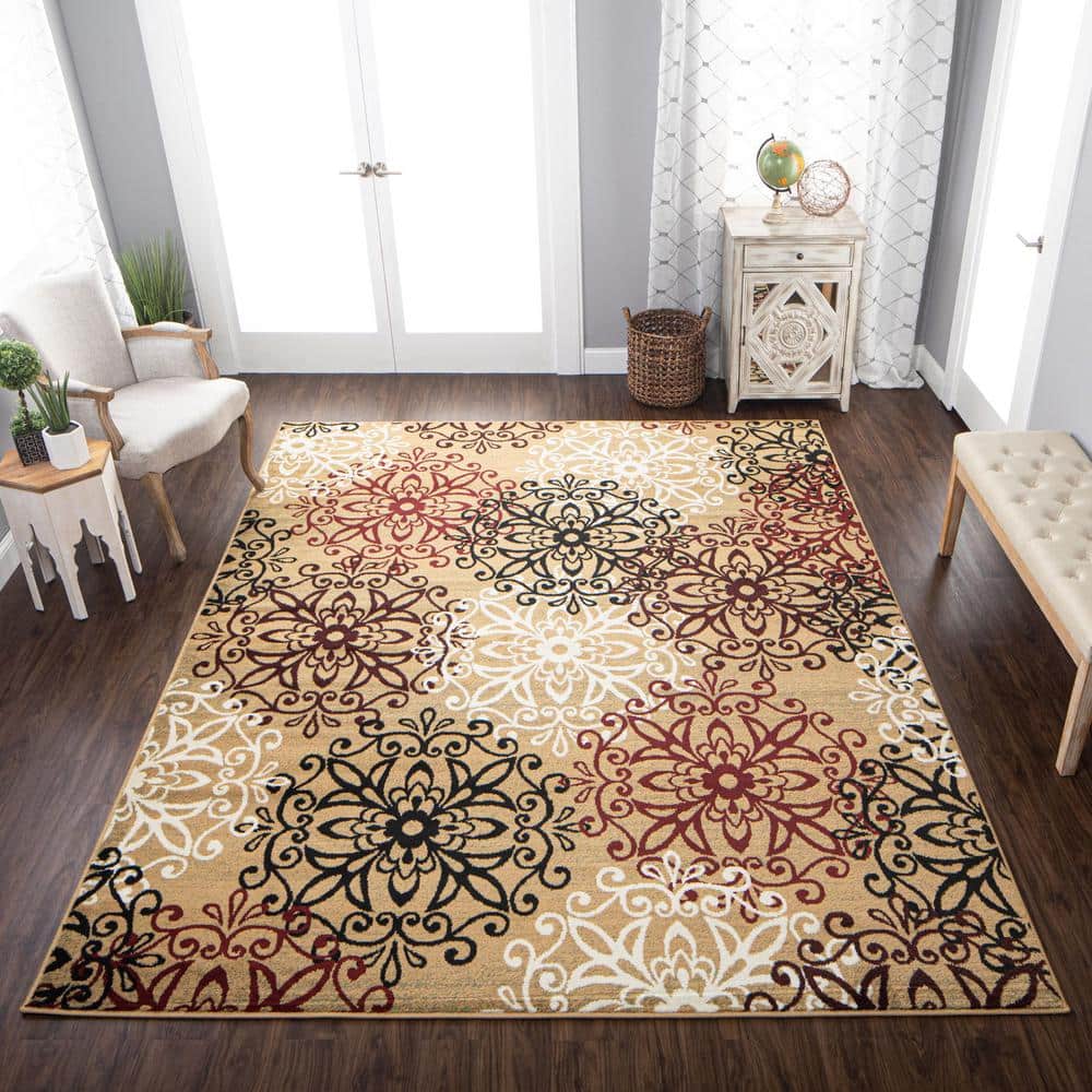Elegant Gold Floral Medallion 4' x 6' Polypropylene Area Rug