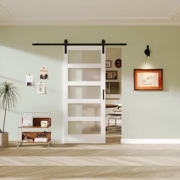 30 in. x 84 in. 5-Lite Tempered Frosted Glass White MDF Barn Door Slab without Hardware Kit