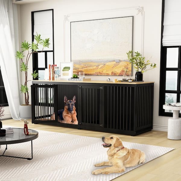 FUFU&GAGA 94.5 in. Extra Large Dog Crate House for 2-Dog Wooden Heavy-Duty Dog Crate Kennel Cage with Divider for Large Dogs Black