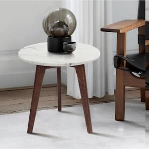 Cherie 15 in. Round Italian Carrara White Marble Table with Walnut Legs