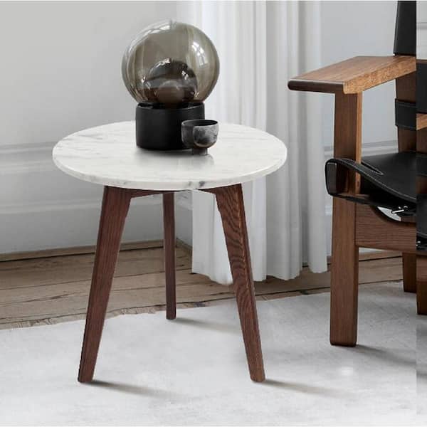 AndMakers Cherie 15 in. Round Italian Carrara White Marble Table with Walnut Legs