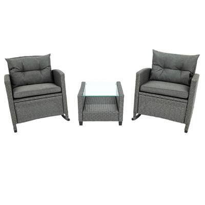Natural Style Brown 3-Piece Wicker Rocking Patio Conversation Furniture Set Outdoor Arm Sofa Set with Gray Cushions