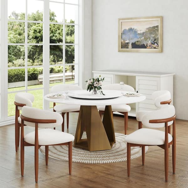 59 in. White Rotable Lazy Susan Sintered Round Stone Tabletop Bronze Pedestal Base Kitchen Dining Table (Seats-8)