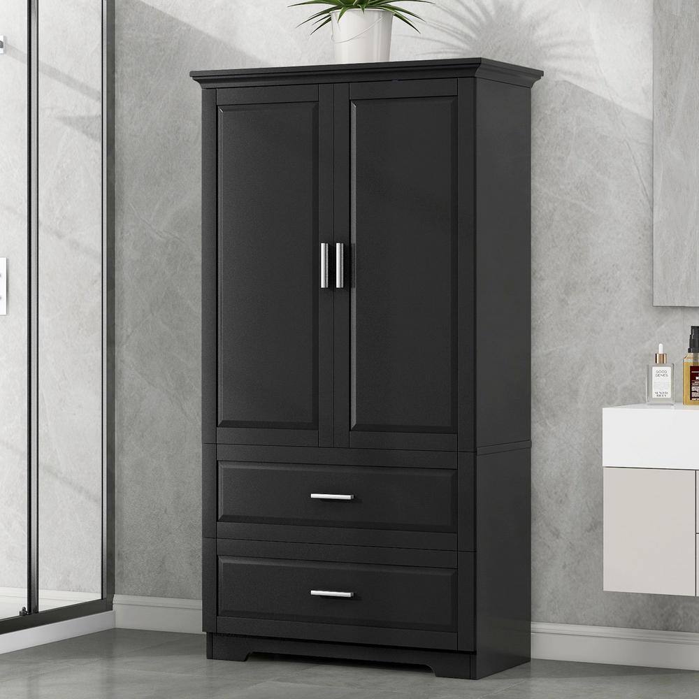 32 in. W x 15 in. D x 63.2 in. H Black MDF Freestanding Tall Linen Cabinet 