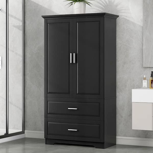 EPOWP 32 in. W x 15 in. D x 63.2 in. H Black MDF Freestanding Tall Linen Cabinet with Adjustable Shelves and Drawer in Black