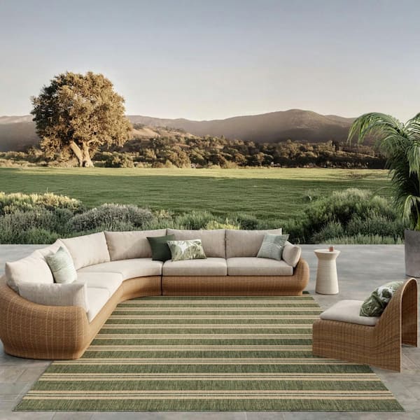 Horizon Indoor/Outdoor Green 10 ft. x 14 ft. Stripes Contemporary Area Rug