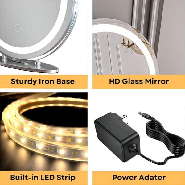 19 in. Round 3-Color-LED Touch Screen, Makeup Dimmable Lighted Mirror for Table in White Frame
