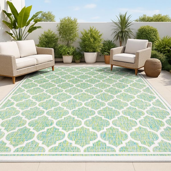 JONATHAN Y Trebol Moroccan Trellis Textured Weave Cream/Green 8 ft. x 10 ft. Indoor/Outdoor Area Rug