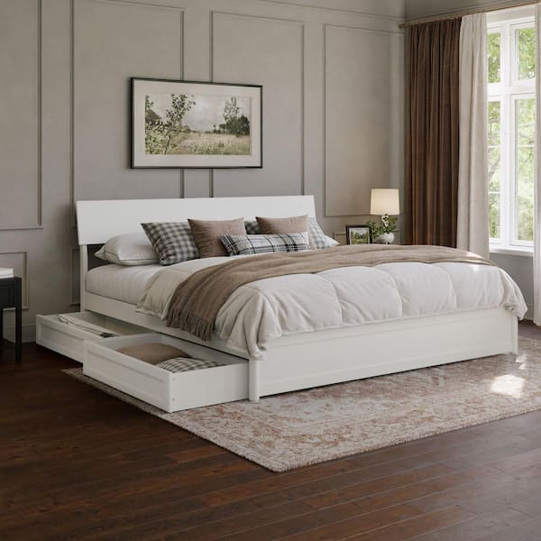 Norla White Wood Frame King Platform Bed with Footboard and Storage Drawers