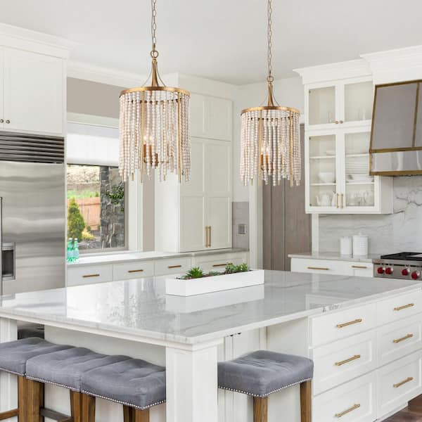 3-Light Antique Gold Candlestick Chandelier Light with Wooden Beads