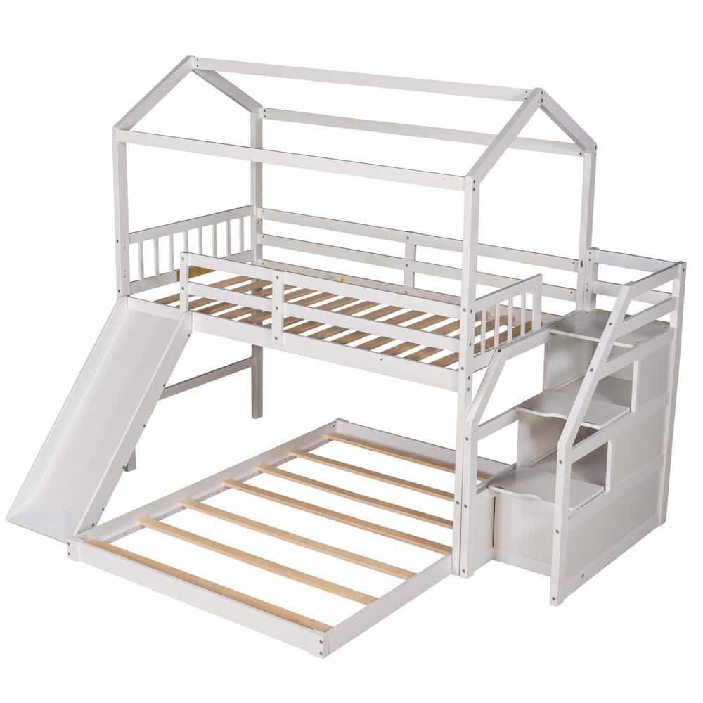 GOJANE White Twin over Full House Bunk Bed with Convertible Slide and ...